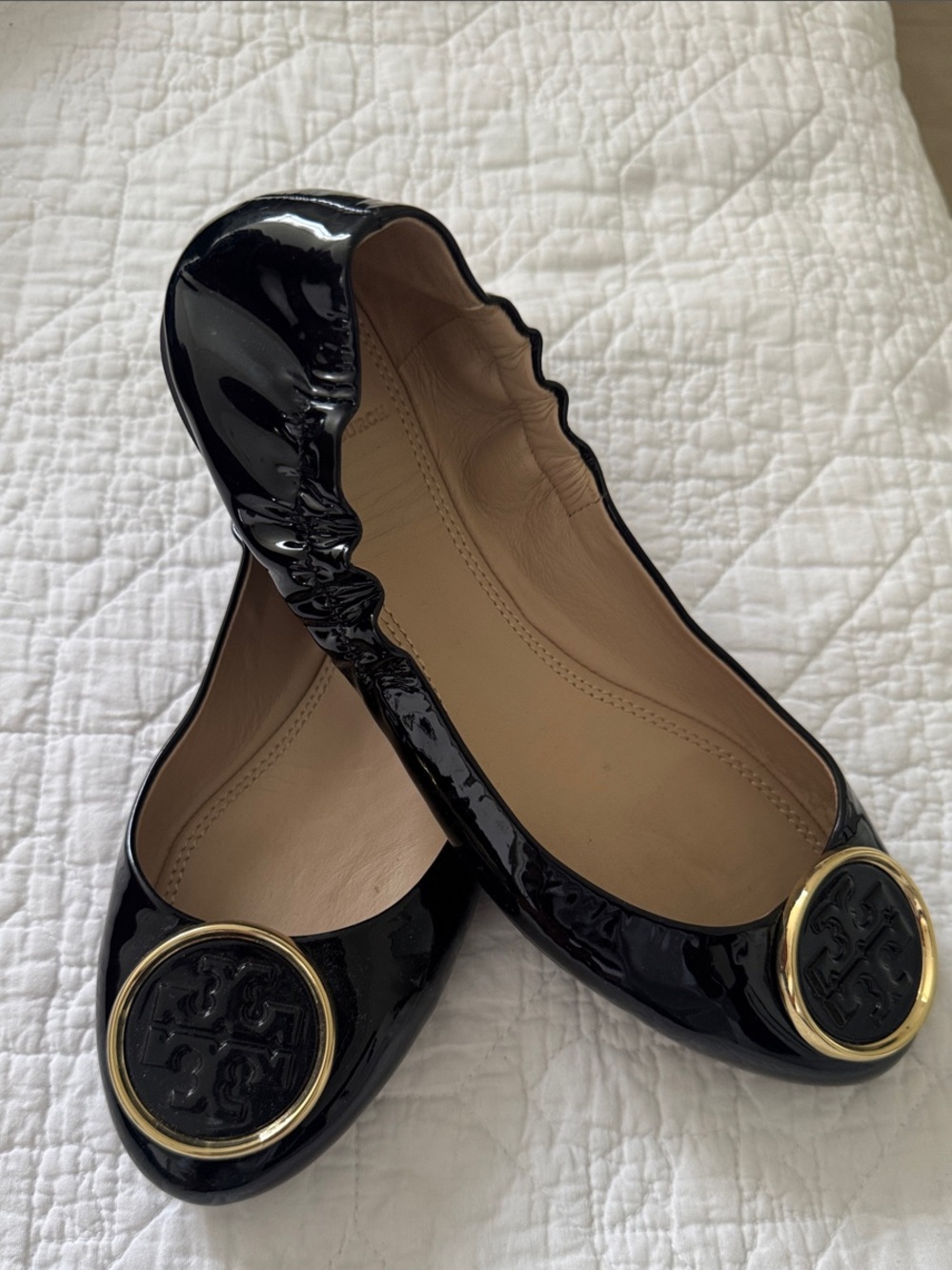 Tory Burch Black Patent Ballet Flats with Gold Logo Accent